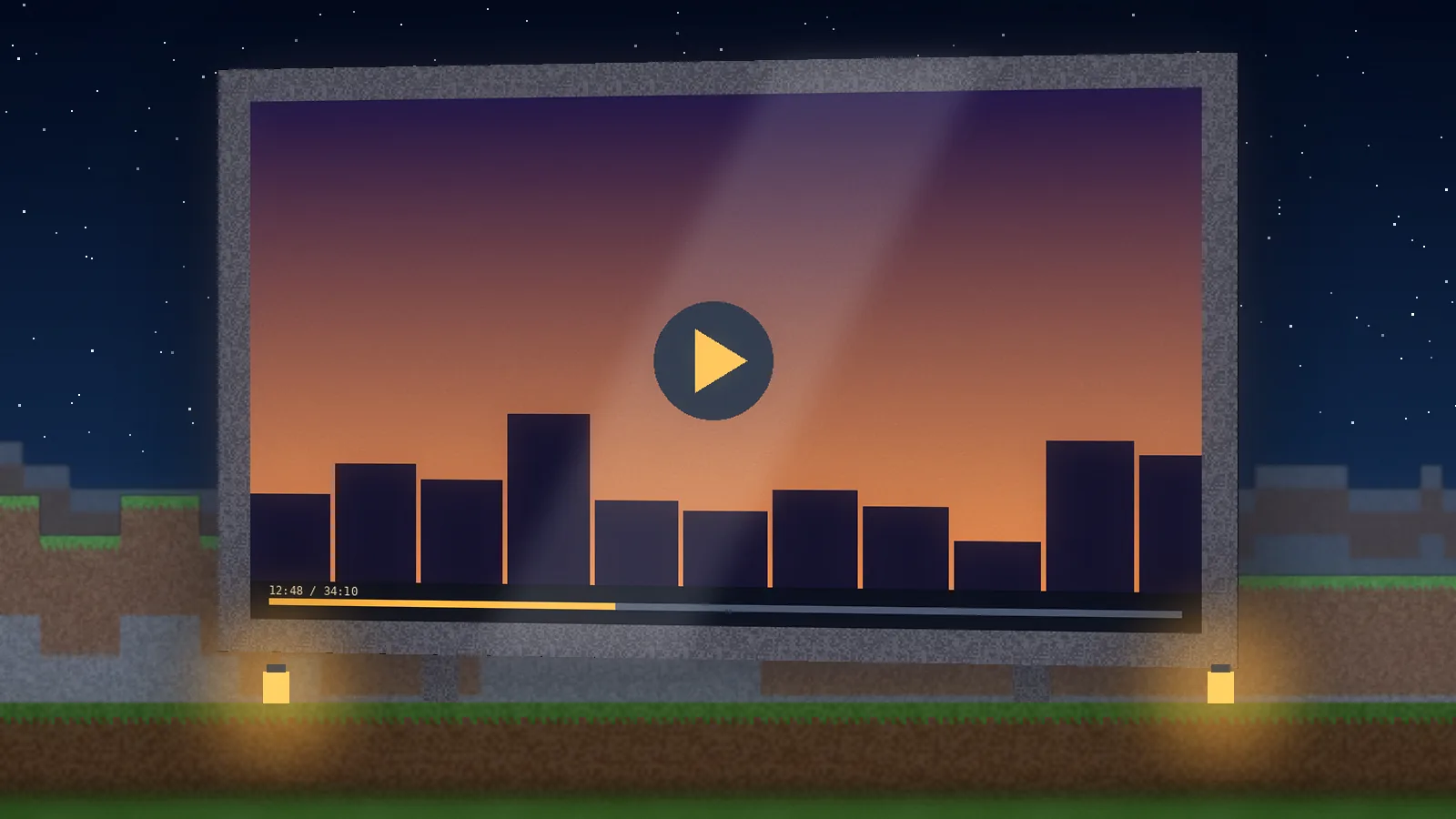 WebDisplays cinema screen playing a video at night in Minecraft