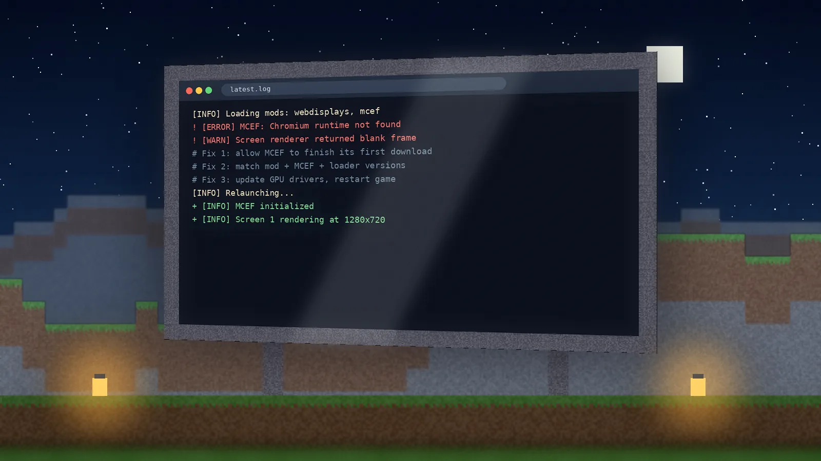 Minecraft log showing an MCEF error and the fix