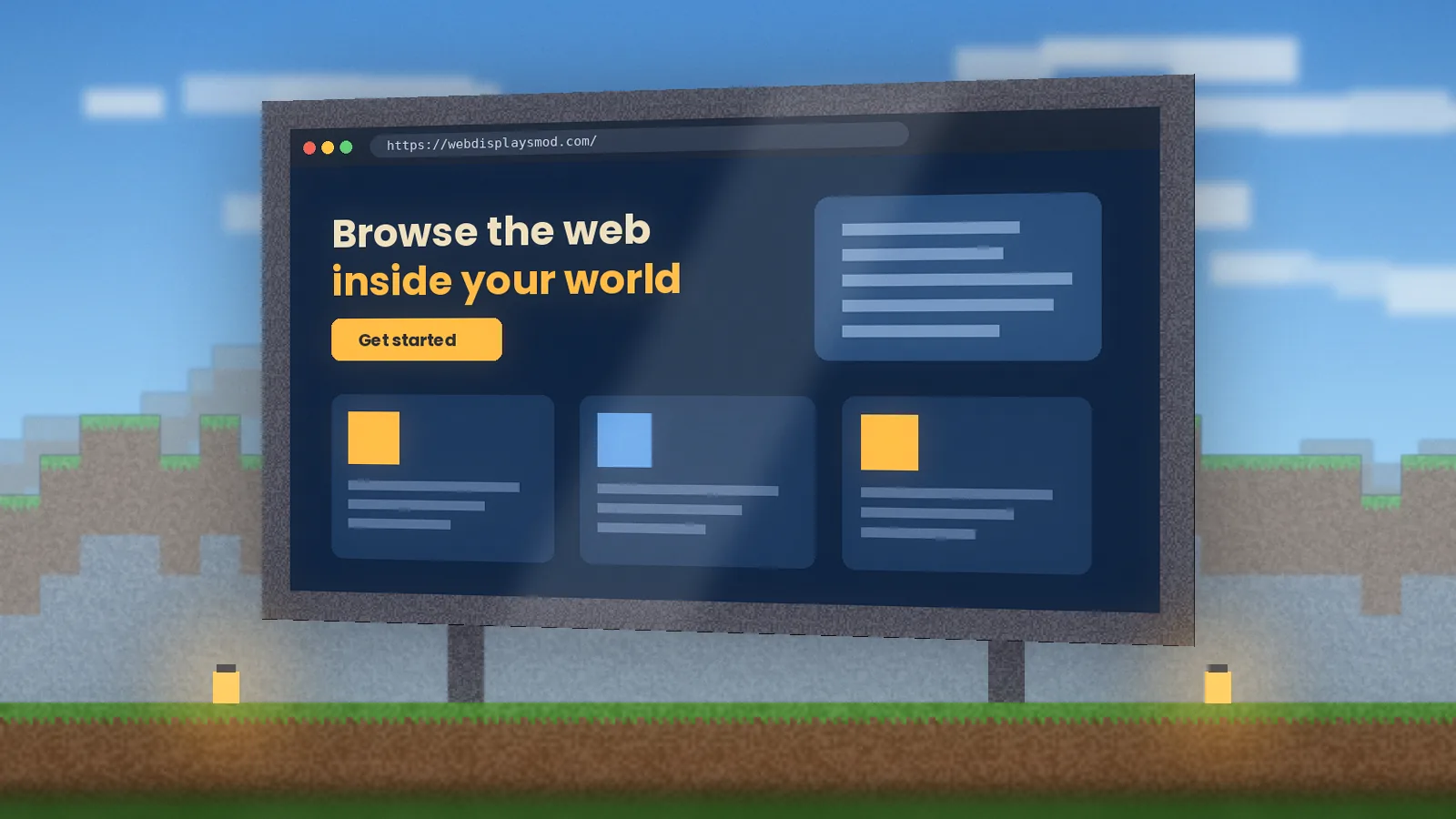 Daylight Minecraft build with a WebDisplays 1.12.2 screen showing a website