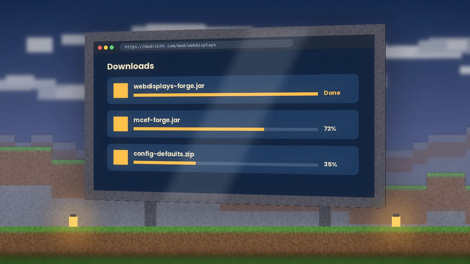 Download manager on a Minecraft wall screen showing WebDisplays and MCEF jars finished downloading