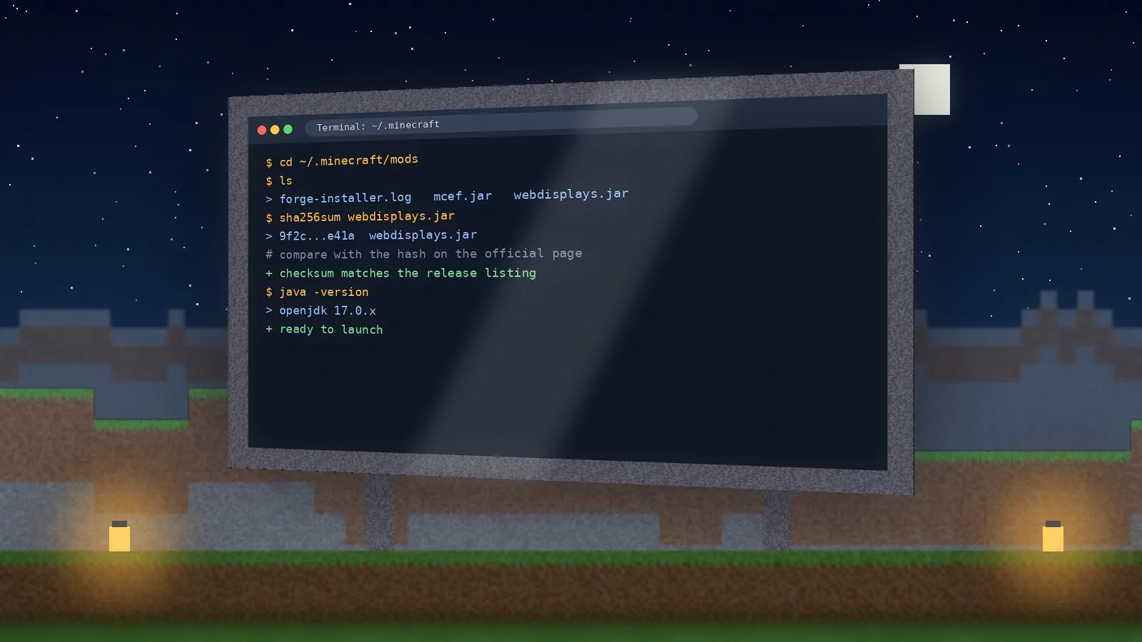 Terminal on an in-world screen verifying the SHA256 checksum of the WebDisplays jar