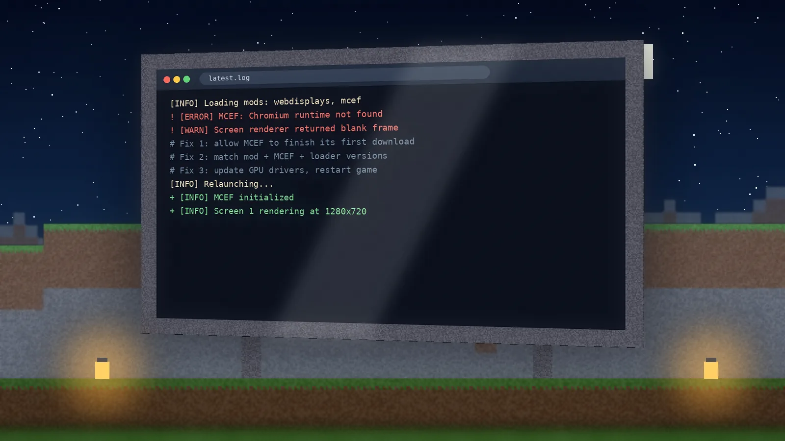 Minecraft log on a night-time screen showing an MCEF error and the steps that fixed it