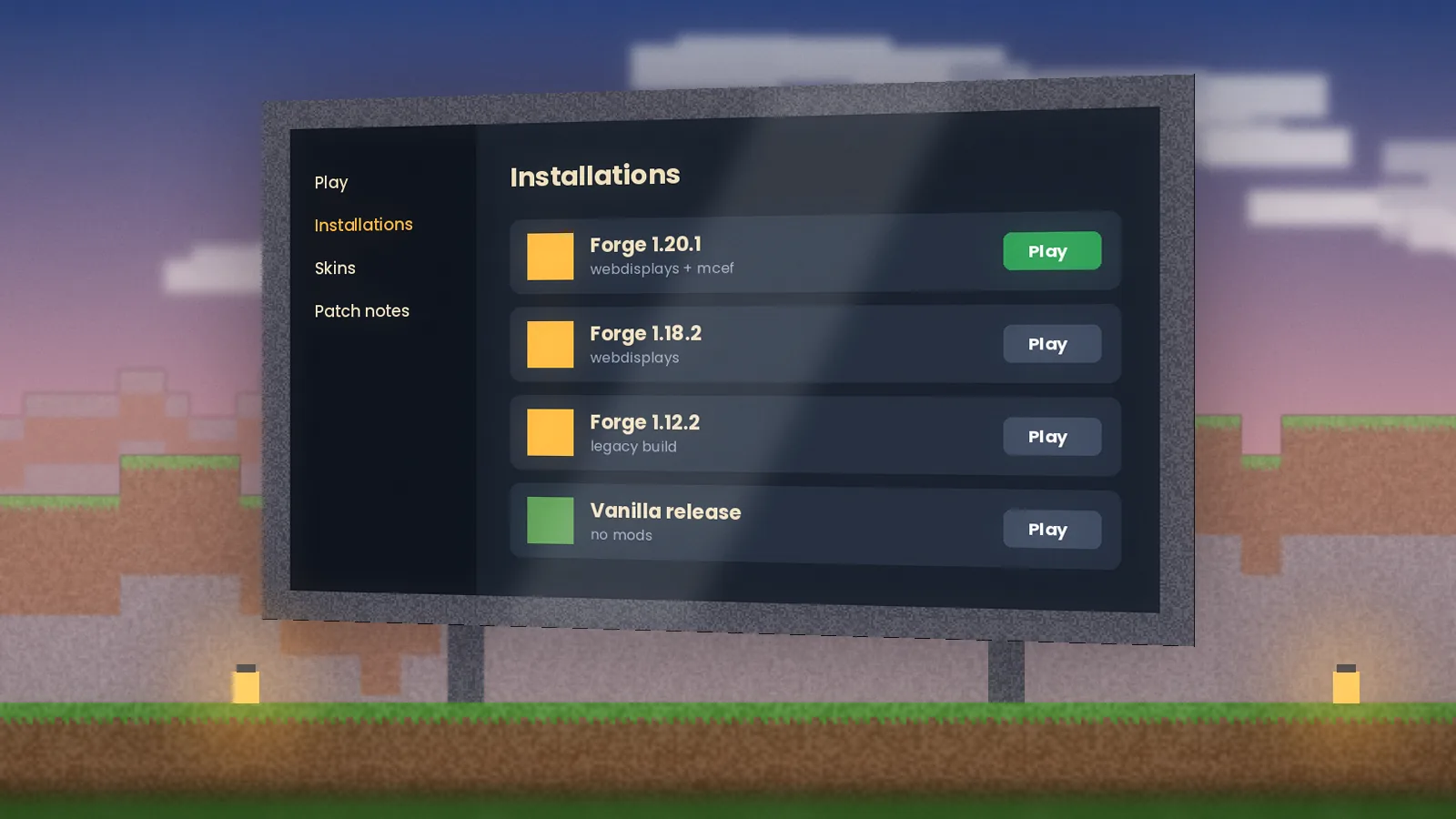 Minecraft launcher on an in-world screen listing Forge installations for WebDisplays