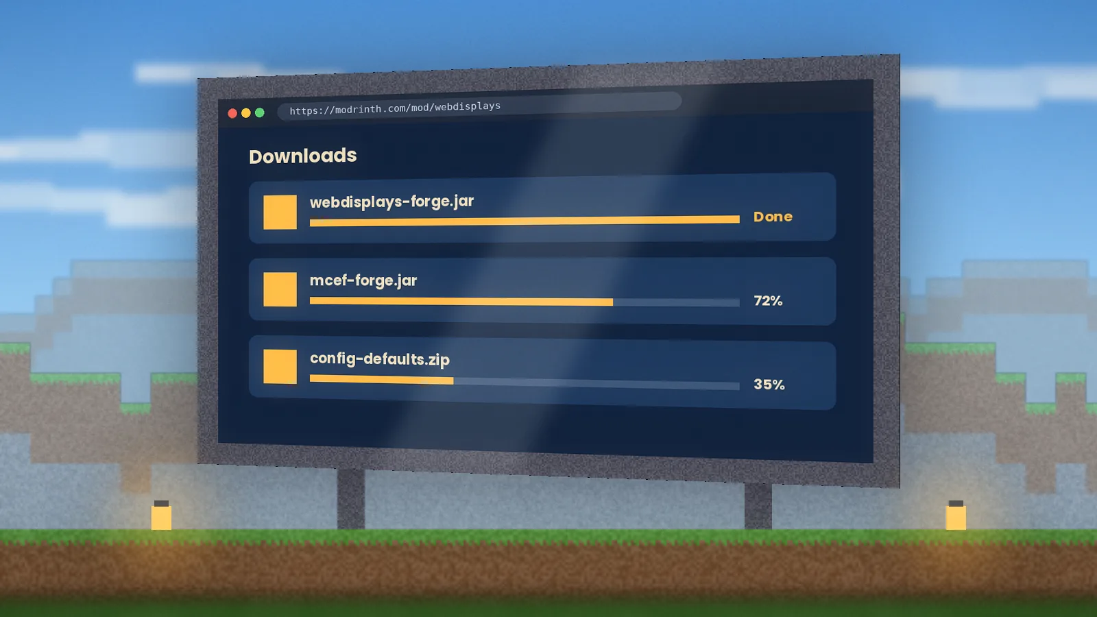 Download page on a daytime Minecraft screen listing WebDisplays files