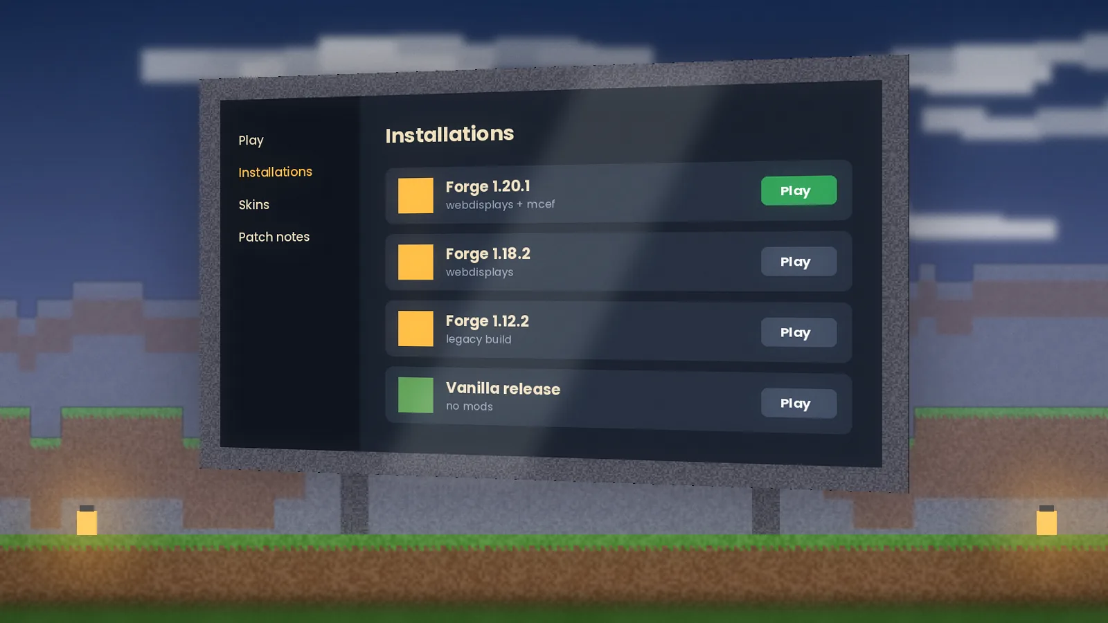 Launcher on a Minecraft screen showing several Forge versions for WebDisplays